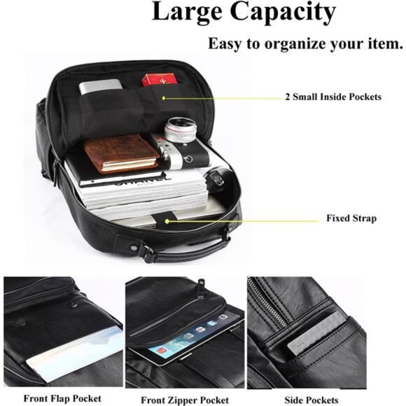 Black Leather Backpack with USB Charging Port - Picture 5 of 7